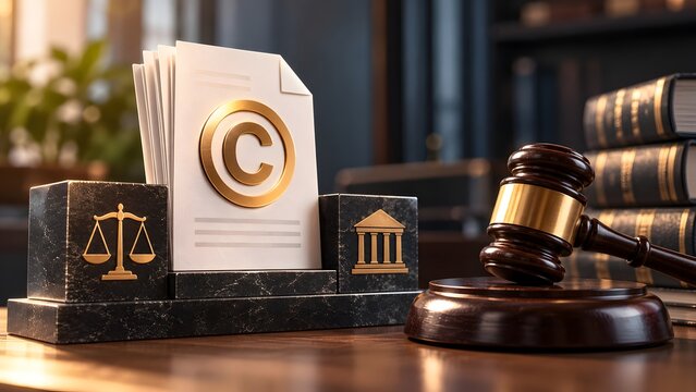 Intellectual property and legal protection concept featuring an ownership symbol on documents with a wooden judge's gavel and scales of justice icon on a professional desk setting.