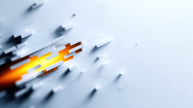 Abstract white blocks disintegrating into glowing golden energy stream exploding geometric white blocks revealing a vibrant golden light source