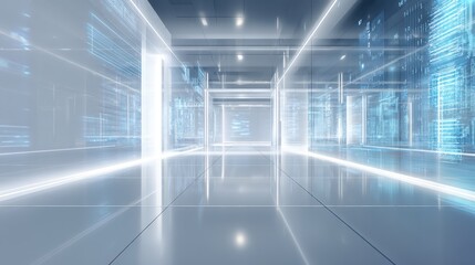 Fototapeta premium Futuristic digital data center corridor with glowing information displays and clean minimalist architecture interior design