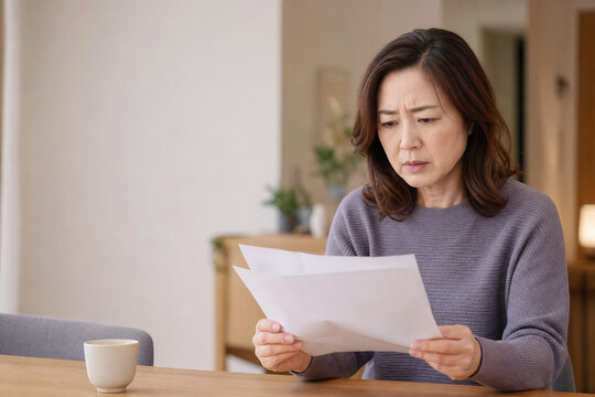自宅のテーブルで書類を見ながら不安そうな表情の中年女性