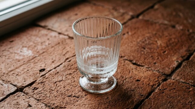 Empty short glass resting on rustic brick surface