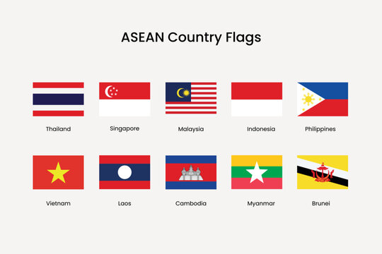 ASEAN flags colorful display element vector set