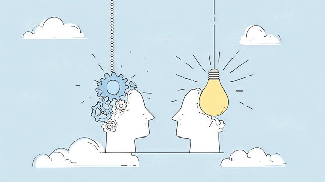 Conceptual illustration of idea generation and collaboration with light bulb and gears
