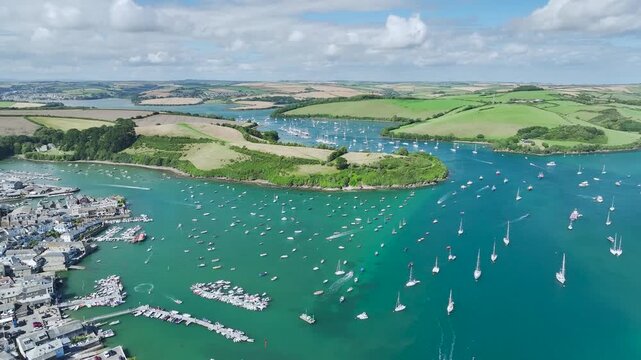 Salcombe and Mill Bay over Kingsbridge Estuary from a drone, Batson Creek, Southpool Creek, Devon, England, United Kingdom