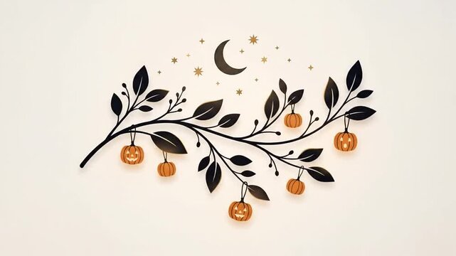 Elegant black branch with hanging carved pumpkins and crescent moon