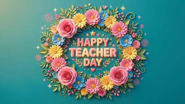 Paper flower wreath with glowing sparkles for teacher celebration