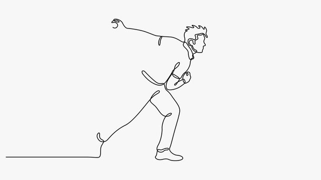 Continuous line art animation of a cricket bowler delivering the ball on a white background.