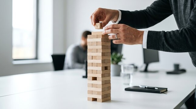 Business Strategy and Risk Management Concept with Wooden Block Tower in Office