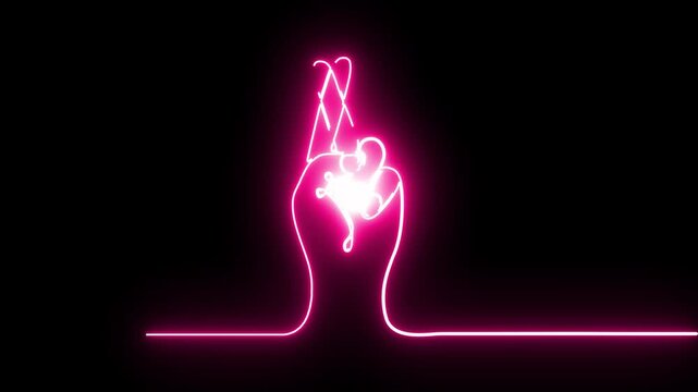 Continuous glowing pink line art animation of a hand with fingers crossed for good luck.