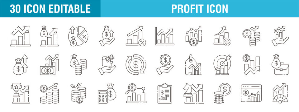 Collection of profit icons. Target, growth, money, financial. Vector template editable stroke EPS 10.