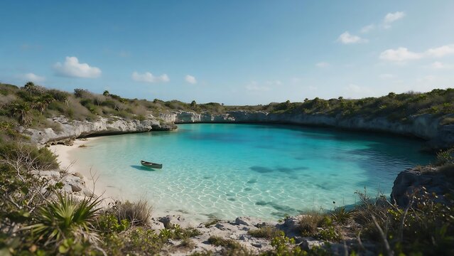 Small wooden boat floating in a tropical cenote lagoon with crystal bl