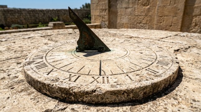Ancient sundial casting shadow on stone surface outdoors