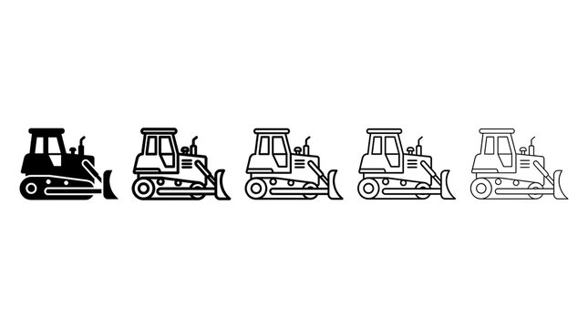 Bulldozer construction vehicle icons with varied line weights.