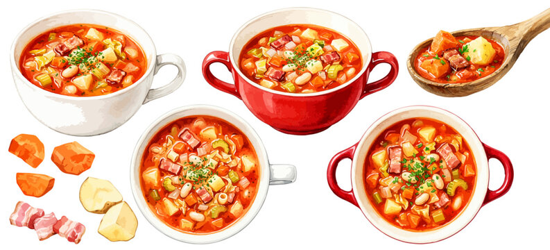 ミネストローネの水彩風手描きイラストセット,ミネストローネ・スープ・トマトスープ・野菜スープ・スープカップ・スープボウル・スプーン・具材・ベーコン・ニンジン・ジャガイモ・洋食・カフェ・ランチ・朝食・温かい・デザインパーツ,販促素材,ベクター,透過PNG
