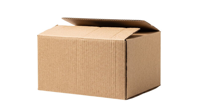 Open cardboard box isolated on white background, brown corrugated paper package container, empty shipping parcel for moving and logistics