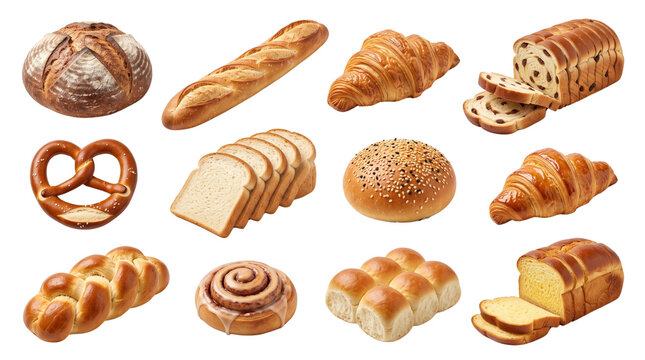 Fresh bakery bread collection isolated on white background, artisan pastries and sliced loaves set, golden baked goods for food menu design
