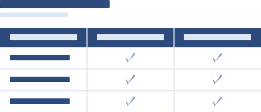 Three row comparison table, navy flat design element