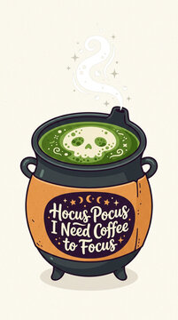 Halloween witch cauldron with skull coffee art, hocus pocus I need coffee to focus quote, spooky magic potion brew vector illustration