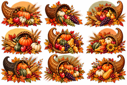 A collection of autumn cornucopia horn of plenty illustrations filled with harvest pumpkins, gourds, fruits, and fall leaves for thanksgiving season project