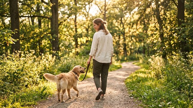Woman walking golden retriever dog on a sunlit forest path enjoying nature and outdoor activity
