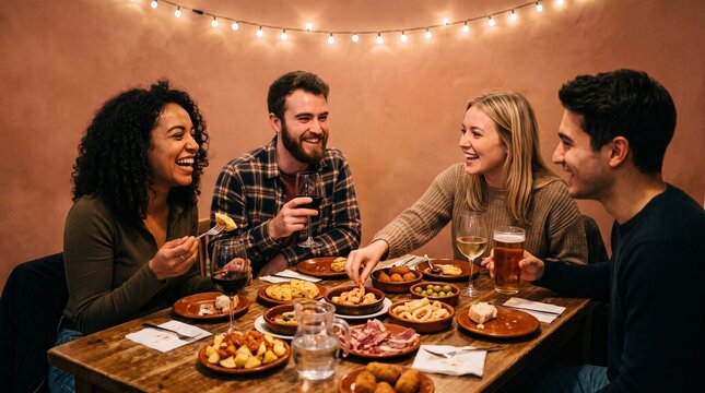Diverse group of friends laughing and enjoying tapas and drinks at a restaurant with string lights