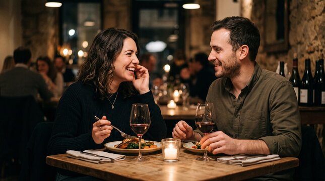 Happy couple enjoying a romantic dinner date at a cozy restaurant with wine and candlelight