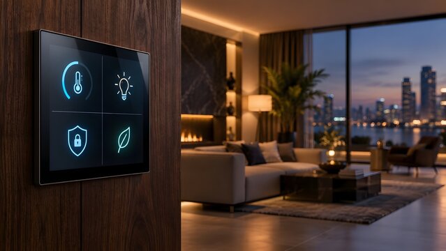 Smart home control panel displays icons for temperature light security and eco mode in a modern luxurious apartment with city skyline view at night