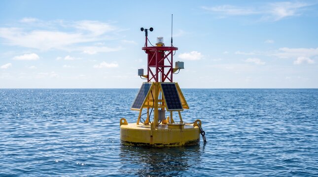 Yellow buoy with solar panels floating on calm ocean waters