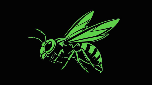 A vibrant green hornet or wasp illustration with detailed wings and striped body on a stark black background.