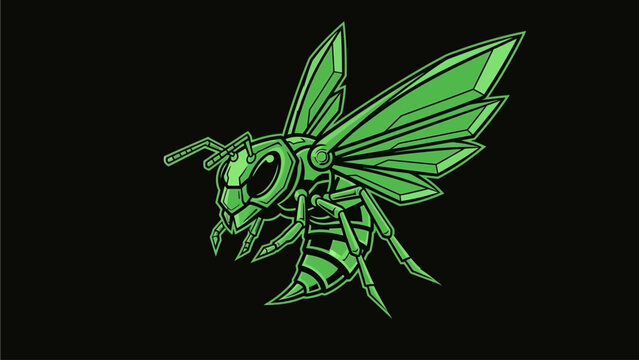 A stylized, glowing green wasp illustration against a solid black background, with sharp, angular details.