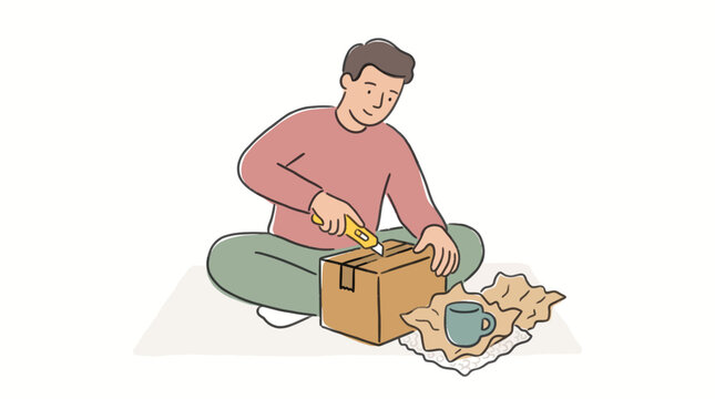 Young man opening cardboard delivery box with utility knife sitting on floor, unboxing online shopping package in flat illustration style