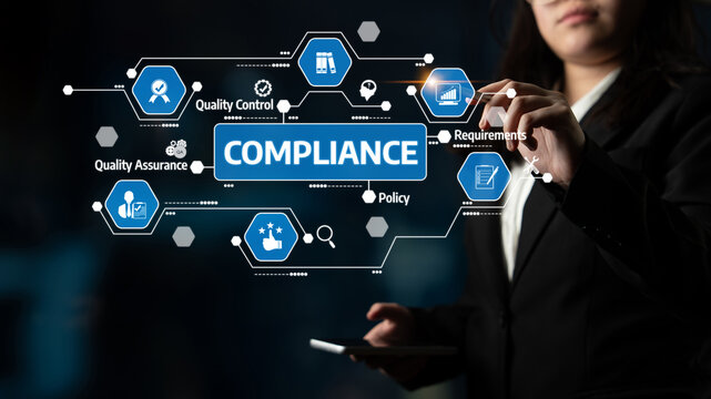 A business professional interacts with digital graphics illustrating concepts of compliance, quality control, and assurance, emphasizing regulatory adherence and strategic management. Tessel