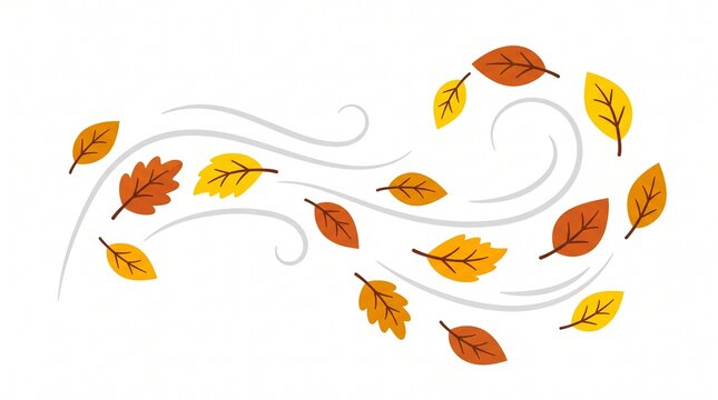 Colorful autumn leaves blowing in the wind vector illustration showing swirling seasonal foliage against clean white background
