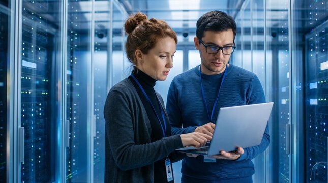 Two IT engineers working on laptop in server room data center.