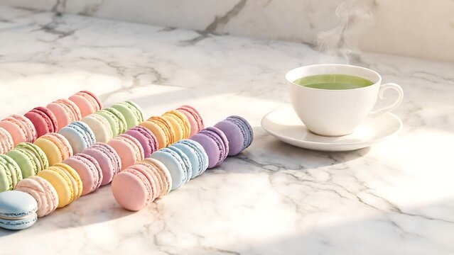 Colorful pastel French macarons in neat rows next to a steaming hot cup of green tea on an elegant white marble surface