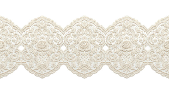 Ornate vintage cream lace trim with blooming rose motifs and scalloped edges