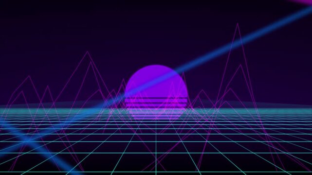 Synthwave retro sun glowing neon mountain grid seamless loop