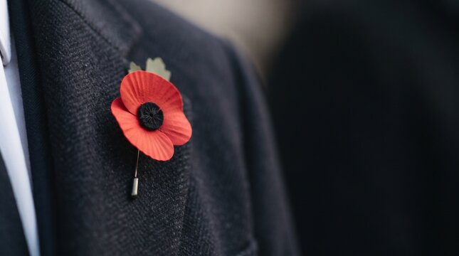 Close-up of a red poppy pin on a dark suit lapel