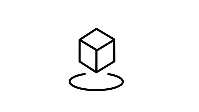 Minimal black outline icon of a 3D cube floating above a circular base ring, perfect for product showcase, model display, and modern tech video intro