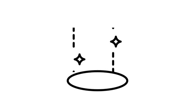 Minimal black line art of an empty oval platform with dashed lines and sparkle stars, ideal for magic reveal, product spotlight, and teleport intro