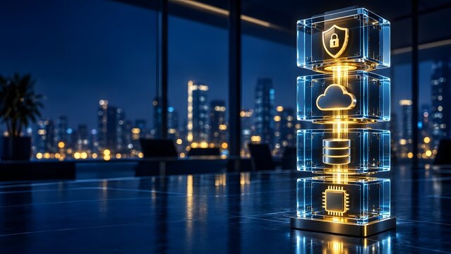 Digital data security and cloud storage concept with glowing icons of shield lock cloud database and CPU in a modern office overlooking a city skyline at night