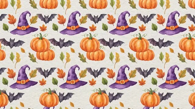 Watercolor Halloween seamless pattern with pumpkins and bats
