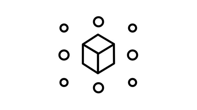 Black outline cube surrounded by small circle nodes in a hexagon layout, perfect for data network, blockchain, molecule concept, and tech animation
