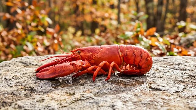 Bright red lobster resting on a textured grey rock with a warm autumn background