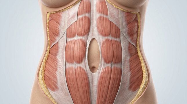3D medical illustration of rectus abdominis muscle separation, linea alba diastasis in a woman