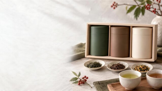 三種類の茶葉と茶缶を並べた日本茶ギフト