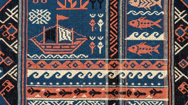 Hyper-realistic studio overhead 1:1 of North Maluku Ternate woven fabric with maritime motifs in deep sea blue, coral orange and black &mdash; spice islands weaving as extraordinary studio photography.