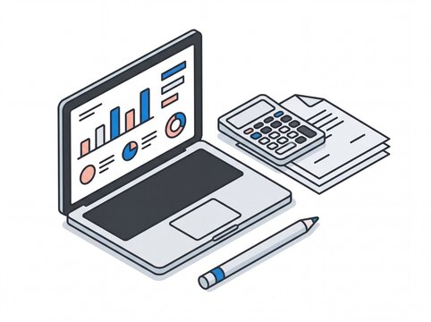 Business Data Analysis &mdash; Laptop with Graphs, Calculator and Documents Illustration