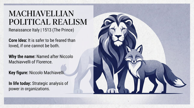 Stylized illustration of a powerful lion and cunning fox representing Machiavellian political realism against a pale blue circular background