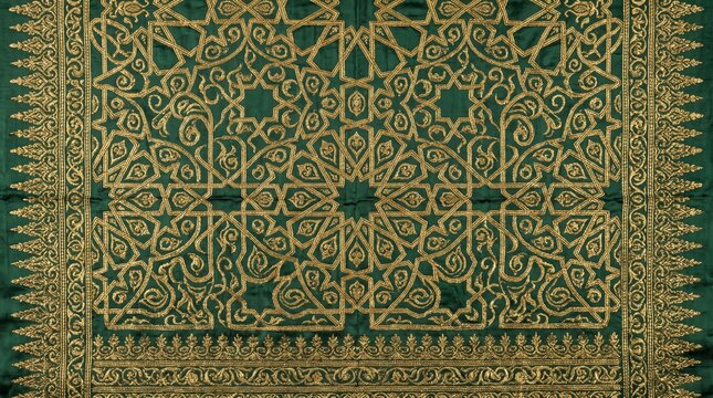 Hyper-realistic studio overhead 1:1 of Acehnese Kerawang songket with gold Islamic geometric motifs on deep forest green silk &mdash; prestigious Aceh weaving as extraordinary studio photography.